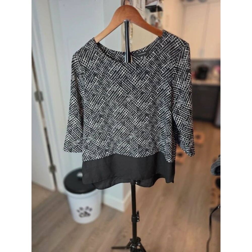 Polyester blend layered tunic top, black and white geometric print with chiffon